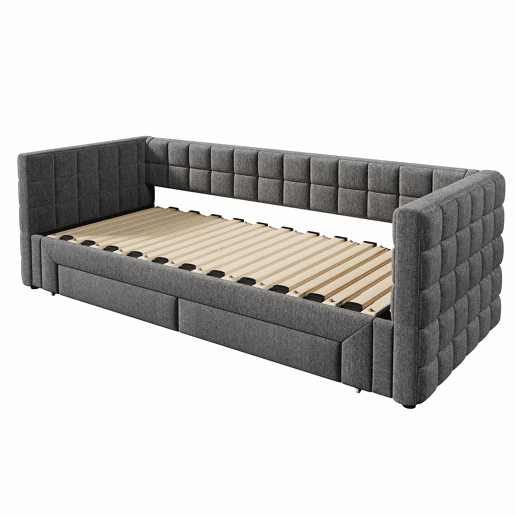Sofá-cama, 90x200 cm - Sofá-cama com encosto quadrado, cama extensível (até 180 cm, tamanho queen), 2 gavetas, sem colchão - Cinza