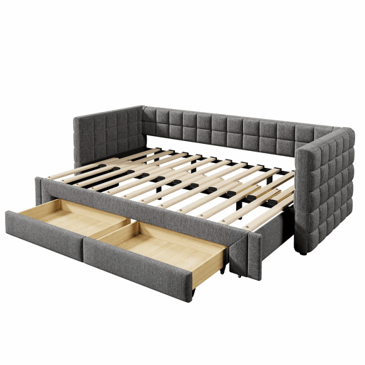 Sofá-cama, 90x200 cm - Sofá-cama com encosto quadrado, cama extensível (até 180 cm, tamanho queen), 2 gavetas, sem colchão - Cinza