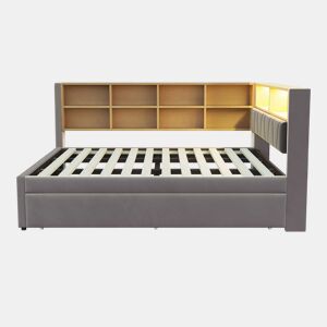 Sofá-cama 140x200 - Cama extensível 90x190, com luzes LED, tomadas e compartimentos, sofá multifuncional, cama individual, flanela - cinza escuro