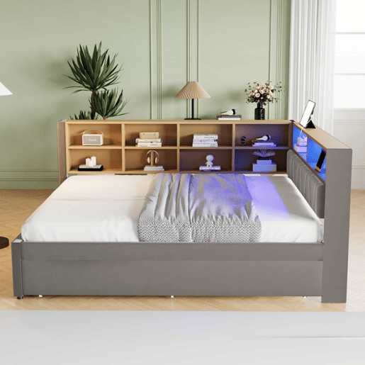Sofá-cama 140x200 - Cama extensível 90x190, com luzes LED, tomadas e compartimentos, sofá multifuncional, cama individual, flanela - cinza escuro