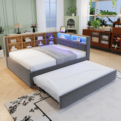 Sofá-cama 140x200 - Cama extensível 90x190, com luzes LED, tomadas e compartimentos, sofá multifuncional, cama individual, flanela - cinza escuro