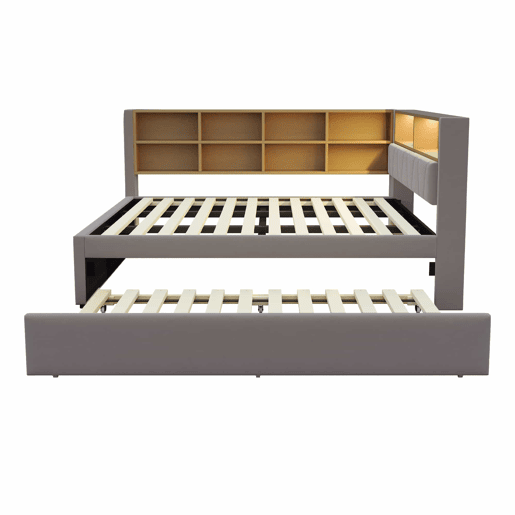 Sofá-cama 140x200 - Cama extensível 90x190, com luzes LED, tomadas e compartimentos, sofá multifuncional, cama individual, flanela - cinza escuro
