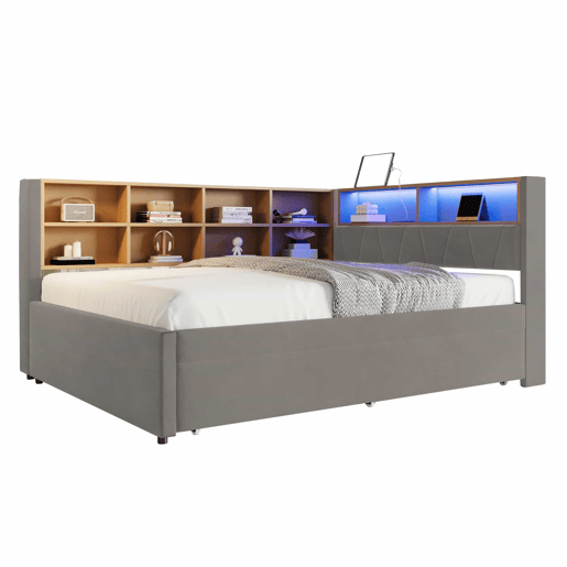 Sofá-cama 140x200 - Cama extensível 90x190, com luzes LED, tomadas e compartimentos, sofá multifuncional, cama individual, flanela - cinza escuro