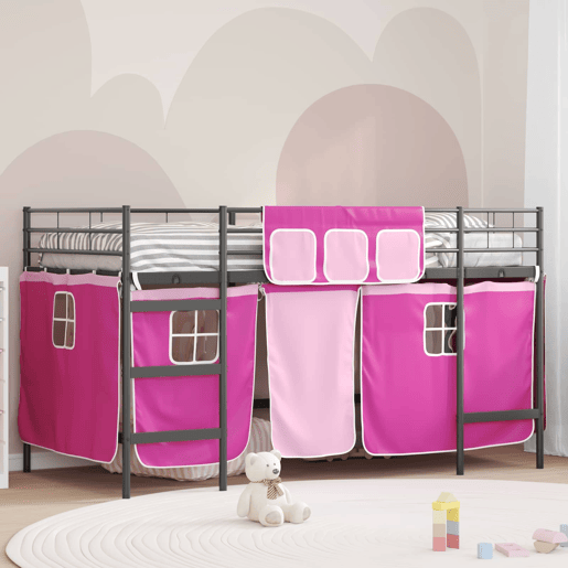 Estrutura de Cama Infantil Loft para Crianças com Cortinas Preto e Rosa