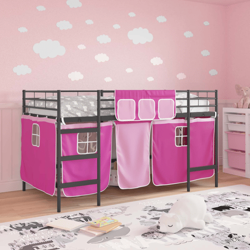 Estrutura de Cama Infantil Loft para Crianças com Cortinas Preto e Rosa