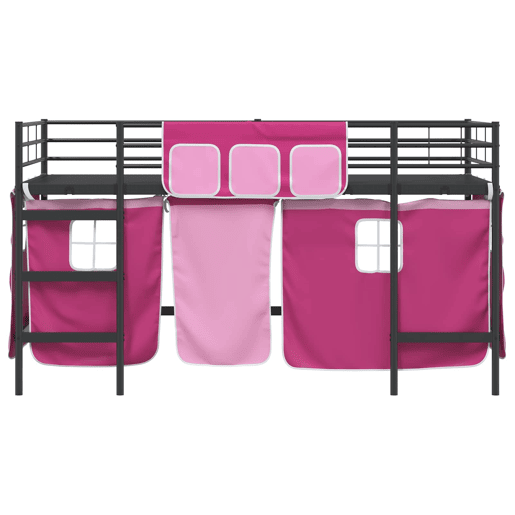 Estrutura de Cama Infantil Loft para Crianças com Cortinas Preto e Rosa