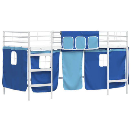 Estrutura de Cama Infantil Loft para Crianças com Cortinas Branco e Azul