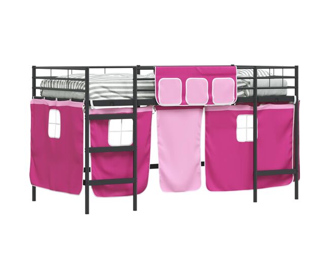 Estructura de cama alta infantil para niños con cortinas negro y rosa