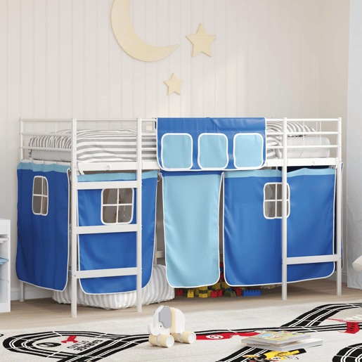 Estrutura de Cama Infantil Loft para Crianças com Cortinas Branco e Azul