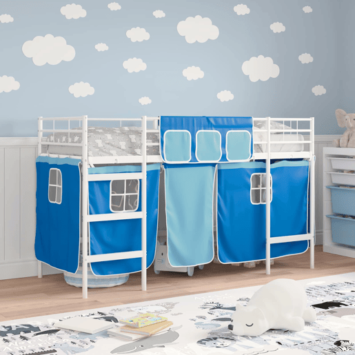 Estrutura de Cama Infantil Loft para Crianças com Cortinas Branco e Azul