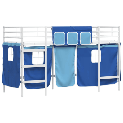 Estrutura de Cama Infantil Loft para Crianças com Cortinas Branco e Azul