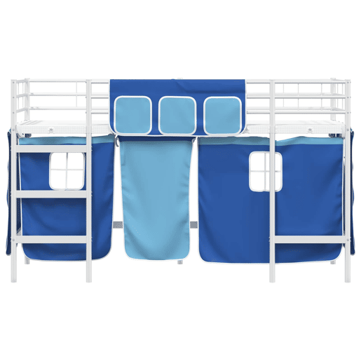Estrutura de Cama Infantil Loft para Crianças com Cortinas Branco e Azul