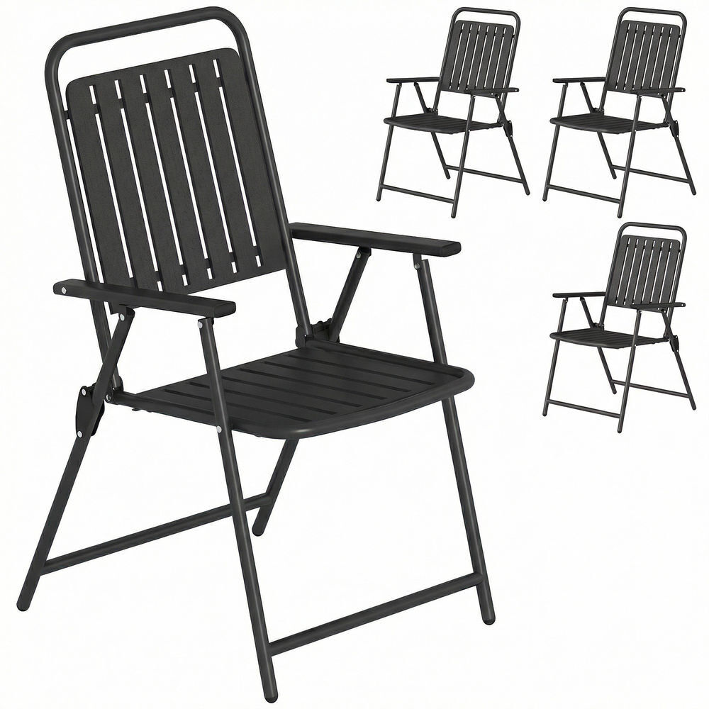 Outsunny juego de 4 sillas de jardín exterior plegables, sillas terraza exterior con reposabrazos, respaldo y asiento de pp, marco metálico, 55x63x93 cm, negro