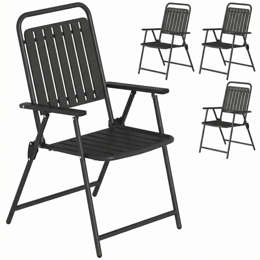 Outsunny Conjunto de 4 Cadeiras Dobráveis para Jardim Cadeiras de Terraço com Apoios de Braços Encosto e Assento de PP Estrutura Metálica 55x63x93 cm Preto
