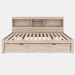 Divã de 140x200cm com cama com gavetão de 90x190cm - mesa de cabeceira com arrumação, LED e tomadas - Natruel