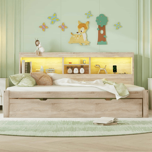 Divã de 140x200cm com cama com gavetão de 90x190cm - mesa de cabeceira com arrumação, LED e tomadas - Natruel