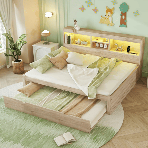 Divã de 140x200cm com cama com gavetão de 90x190cm - mesa de cabeceira com arrumação, LED e tomadas - Natruel
