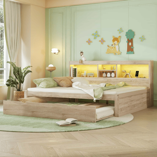 Divã de 140x200cm com cama com gavetão de 90x190cm - mesa de cabeceira com arrumação, LED e tomadas - Natruel