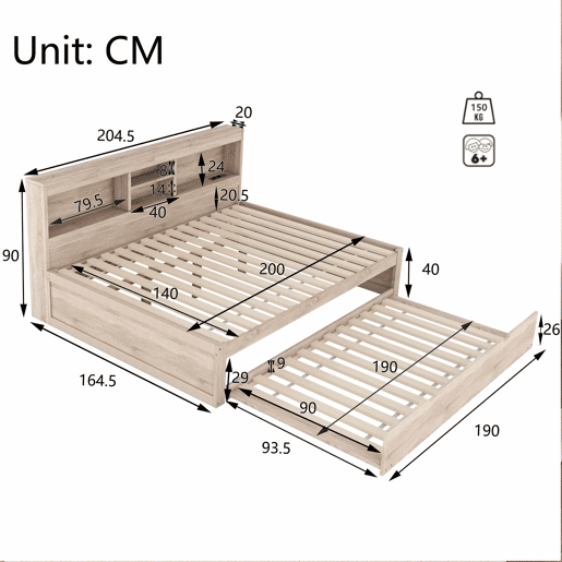 Divã de 140x200cm com cama com gavetão de 90x190cm - mesa de cabeceira com arrumação, LED e tomadas - Natruel