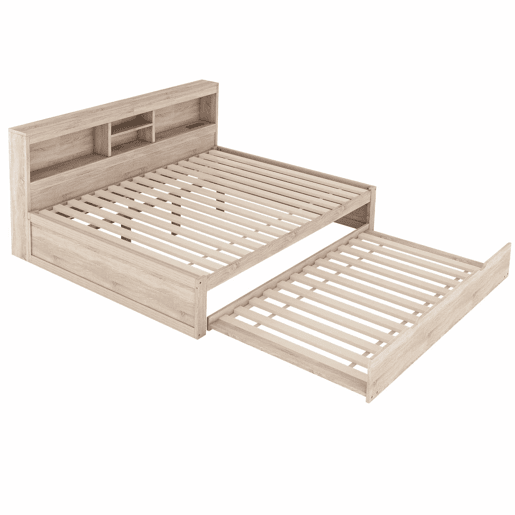 Divã de 140x200cm com cama com gavetão de 90x190cm - mesa de cabeceira com arrumação, LED e tomadas - Natruel