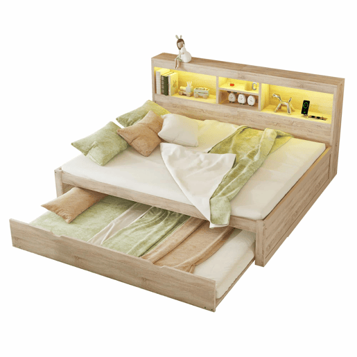 Divã de 140x200cm com cama com gavetão de 90x190cm - mesa de cabeceira com arrumação, LED e tomadas - Natruel