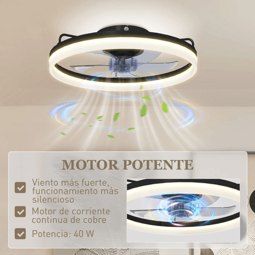 HOMCOM Ventilador de Teto com Luz LED 40 W Motor DC Reversível Silencioso Comando Remoto 6 Velocidades 3 Cores Temporizador para Sala Ø50 cm Preto