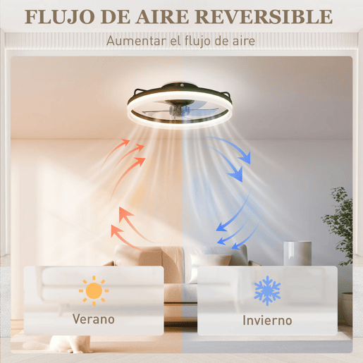 HOMCOM Ventilador de Teto com Luz LED 40 W Motor DC Reversível Silencioso Comando Remoto 6 Velocidades 3 Cores Temporizador para Sala Ø50 cm Preto