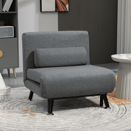 HOMCOM Sofá Cama Individual 3 em 1 Sofá Cama Dobrável Estofado em Linho com Encosto Ajustável em 5 Níveis e Almofada Acolchoada para Escritório Quarto Sala 75x70x75 cm Cinzento Escuro