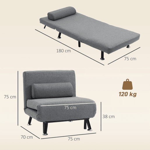 HOMCOM Sofá Cama Individual 3 em 1 Sofá Cama Dobrável Estofado em Linho com Encosto Ajustável em 5 Níveis e Almofada Acolchoada para Escritório Quarto Sala 75x70x75 cm Cinzento Escuro