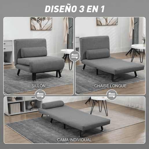 HOMCOM Sofá Cama Individual 3 em 1 Sofá Cama Dobrável Estofado em Linho com Encosto Ajustável em 5 Níveis e Almofada Acolchoada para Escritório Quarto Sala 75x70x75 cm Cinzento Escuro