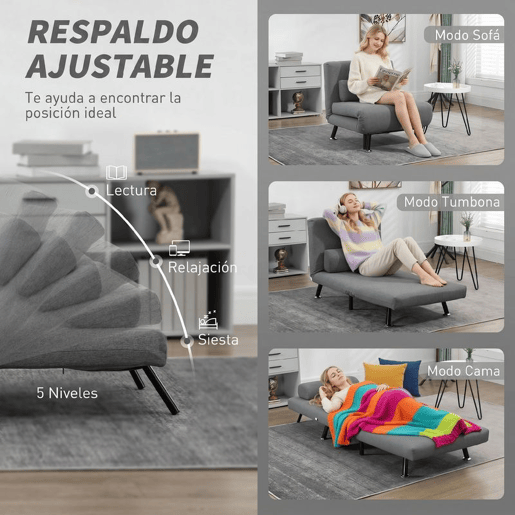 HOMCOM Sofá Cama Individual 3 em 1 Sofá Cama Dobrável Estofado em Linho com Encosto Ajustável em 5 Níveis e Almofada Acolchoada para Escritório Quarto Sala 75x70x75 cm Cinzento Escuro