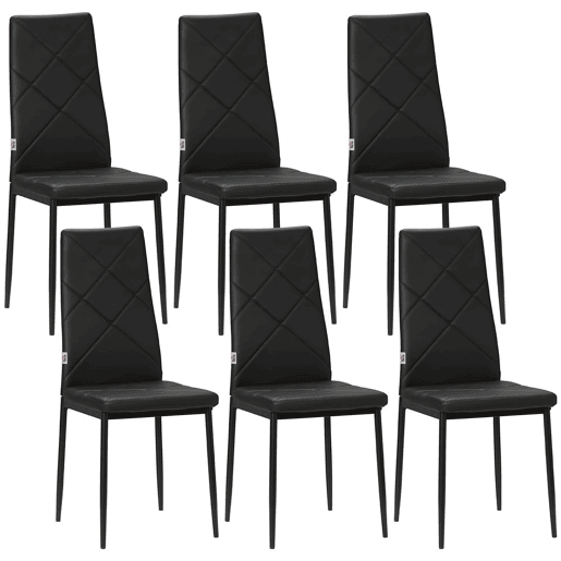 HOMCOM Conjunto de 6 Cadeiras de Sala de Jantar Estofadas em Couro Sintético Cadeiras de Cozinha com Encosto Alto e Pés de Aço Carga Máxima 120kg 41x50x97cm Preto