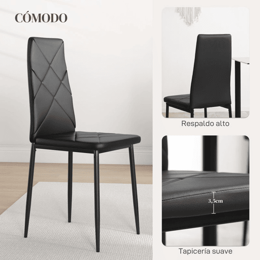HOMCOM Conjunto de 6 Cadeiras de Sala de Jantar Estofadas em Couro Sintético Cadeiras de Cozinha com Encosto Alto e Pés de Aço Carga Máxima 120kg 41x50x97cm Preto