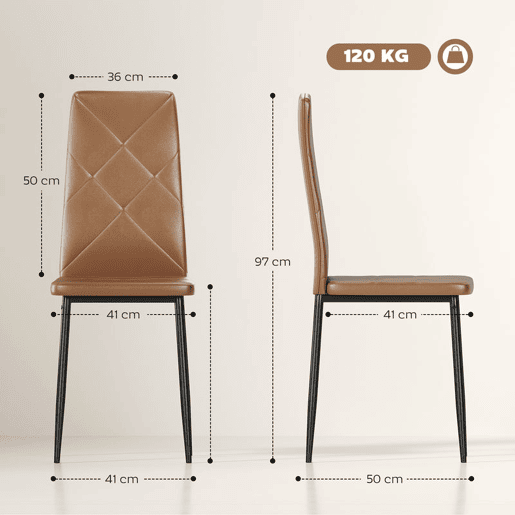 HOMCOM Conjunto de 4 Cadeiras de Jantar Cadeiras de Cozinha Modernas Estofadas em Couro Sintético Encosto Alto Assento Acolchoado Pernas de Aço Castanho