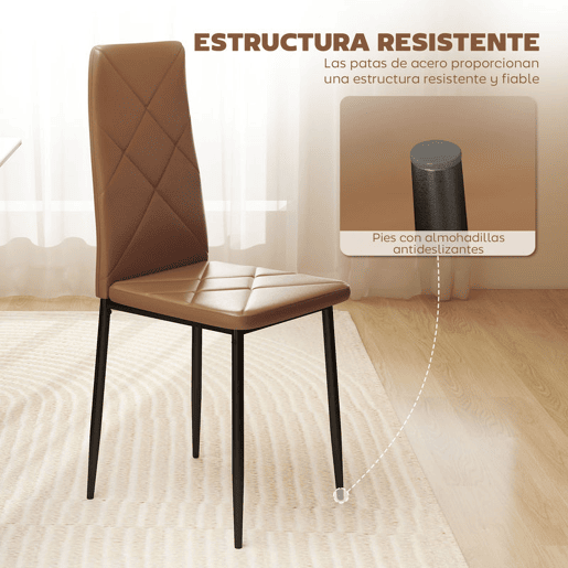 HOMCOM Conjunto de 4 Cadeiras de Jantar Cadeiras de Cozinha Modernas Estofadas em Couro Sintético Encosto Alto Assento Acolchoado Pernas de Aço Castanho