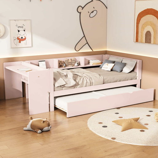 Cama individual 90x200 cm com cama de rodízio - com secretária lateral - Rosa