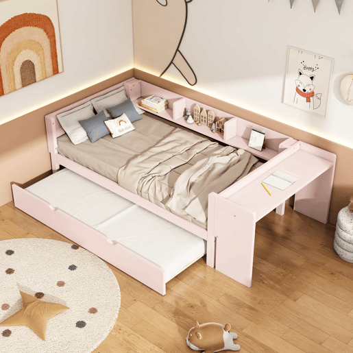 Cama individual 90x200 cm com cama de rodízio - com secretária lateral - Rosa