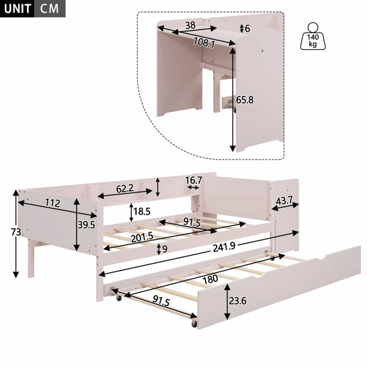 Cama individual 90x200 cm com cama de rodízio - com secretária lateral - Rosa