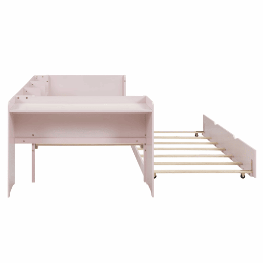 Cama individual 90x200 cm com cama de rodízio - com secretária lateral - Rosa