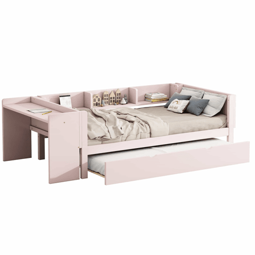Cama individual 90x200 cm com cama de rodízio - com secretária lateral - Rosa