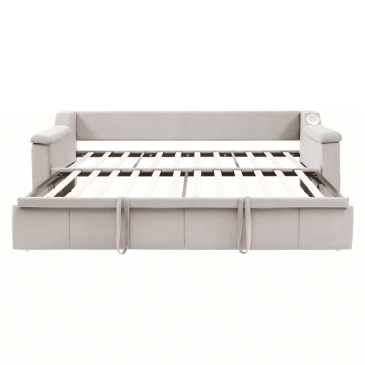 Sofá-cama 90180x190 cm - Apoios de braços largos e grossos, Com sistema de som Bluetooth inteligente, Com porta USB, Com compartimentos de arrumação, Com estrado, Tecido de veludo - Bege