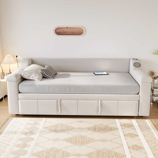 Sofá-cama 90180x190 cm - Apoios de braços largos e grossos, Com sistema de som Bluetooth inteligente, Com porta USB, Com compartimentos de arrumação, Com estrado, Tecido de veludo - Bege