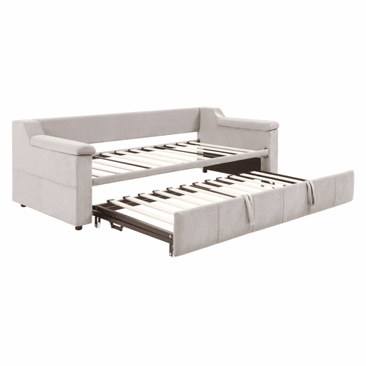 Sofá-cama 90180x190 cm - Apoios de braços largos e grossos, Com sistema de som Bluetooth inteligente, Com porta USB, Com compartimentos de arrumação, Com estrado, Tecido de veludo - Bege