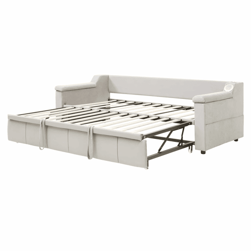 Sofá-cama 90180x190 cm - Apoios de braços largos e grossos, Com sistema de som Bluetooth inteligente, Com porta USB, Com compartimentos de arrumação, Com estrado, Tecido de veludo - Bege