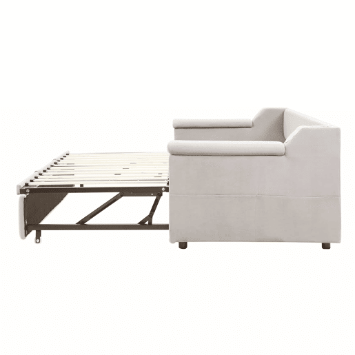Sofá-cama 90180x190 cm - Apoios de braços largos e grossos, Com sistema de som Bluetooth inteligente, Com porta USB, Com compartimentos de arrumação, Com estrado, Tecido de veludo - Bege