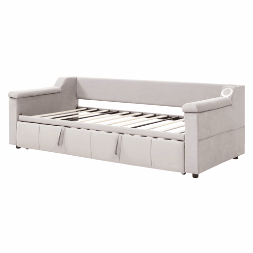 Sofá-cama 90180x190 cm - Apoios de braços largos e grossos, Com sistema de som Bluetooth inteligente, Com porta USB, Com compartimentos de arrumação, Com estrado, Tecido de veludo - Bege