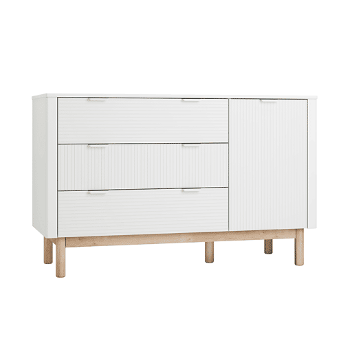 Berço evolutivo 70x140 e cómoda com 3 gavetas e 1 porta Pinio Miloo Branco