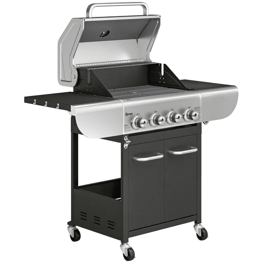 Outsunny Baerbecue a Gás com 4 Queimadores 44000 BTU Grelhas de Ferro Fundido Rodas Grelha de Aquecimento Mesas Laterais Armário Termómetro e Ganchos 129x55x117 cm Preto e Prata