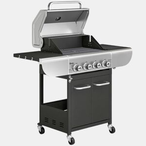 Outsunny Baerbecue a Gás com 4 Queimadores 44000 BTU Grelhas de Ferro Fundido Rodas Grelha de Aquecimento Mesas Laterais Armário Termómetro e Ganchos 129x55x117 cm Preto e Prata