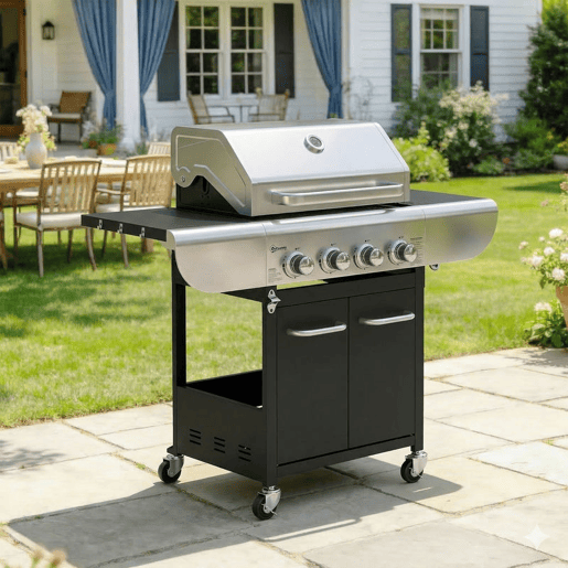 Outsunny Baerbecue a Gás com 4 Queimadores 44000 BTU Grelhas de Ferro Fundido Rodas Grelha de Aquecimento Mesas Laterais Armário Termómetro e Ganchos 129x55x117 cm Preto e Prata